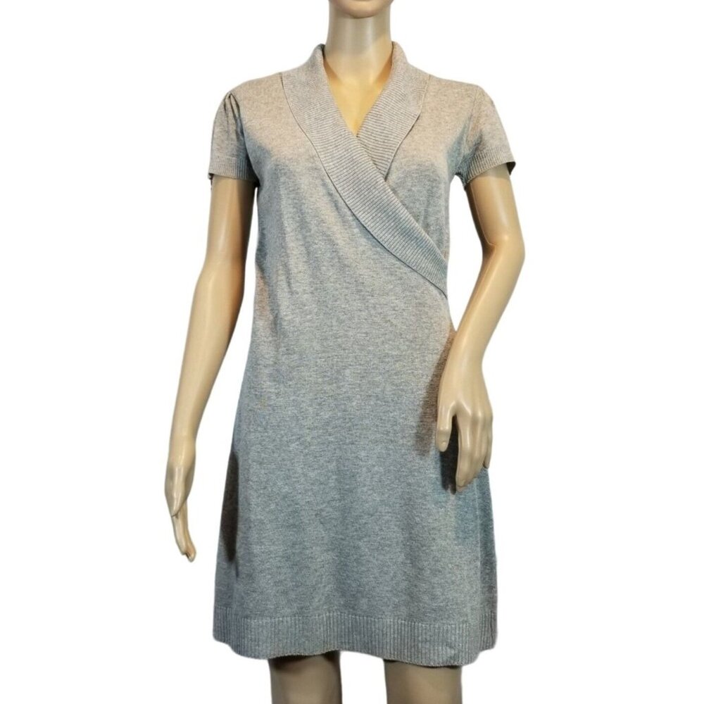 Vintage 80s Sweater Dress Gray Faux Wrap Shawl Collar Stretch Womens Small